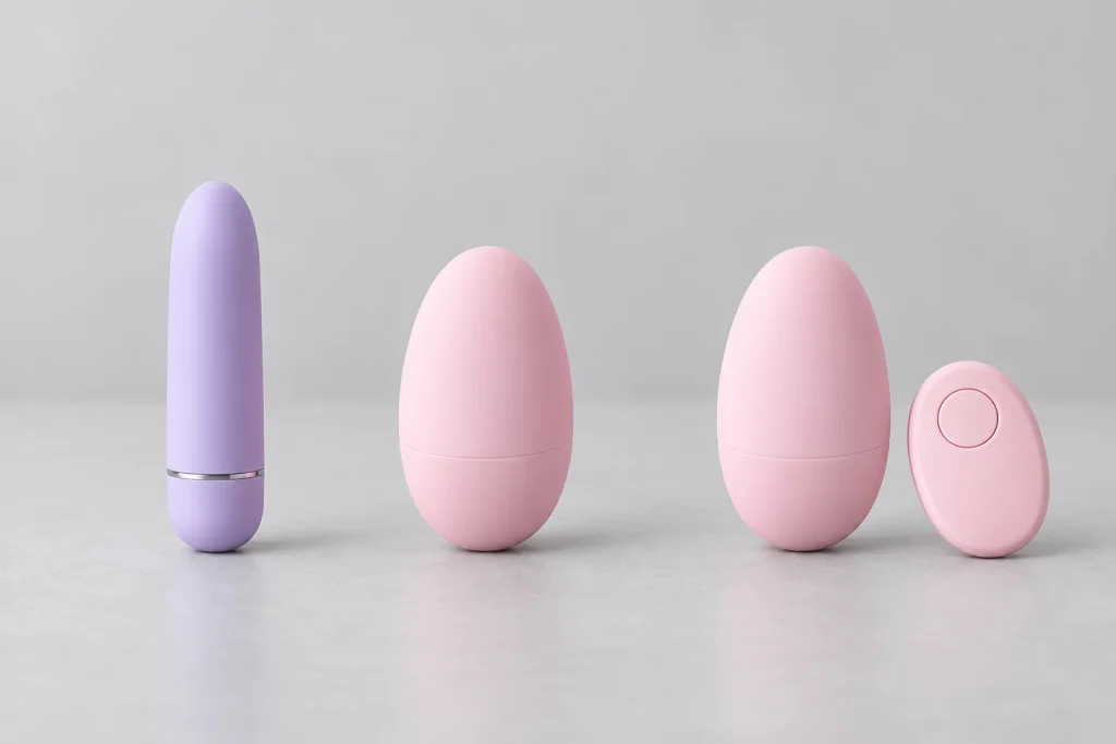 Bullet vibrator, egg vibrator and remote-controlled egg vibrator side by side, beginner sex toys for solo and couples use