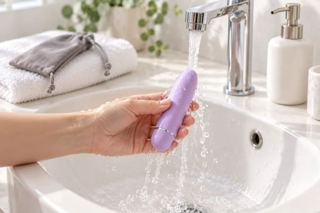 Rinsing a bullet vibrator with warm water and mild soap, how to clean and store your first sex toy
