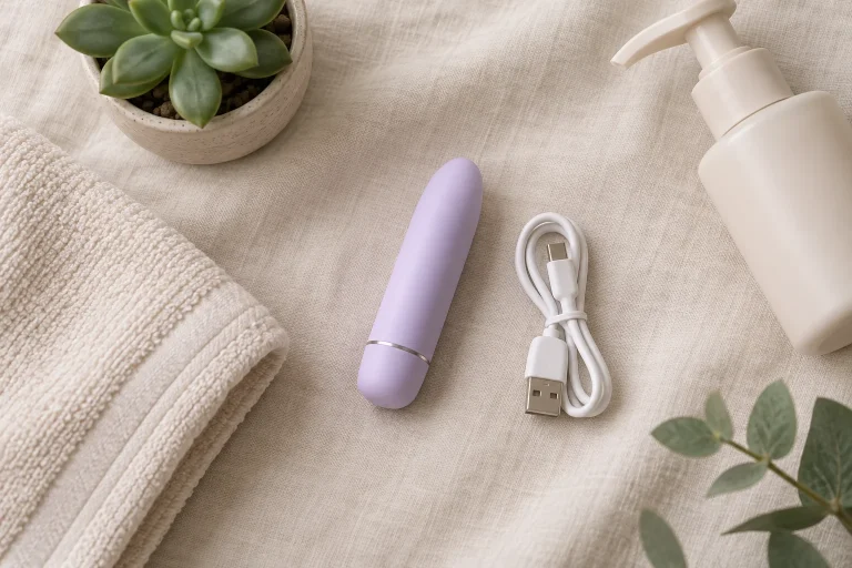 Small bullet vibrator with charging cable on linen, the best sex toy for beginners in Malaysia