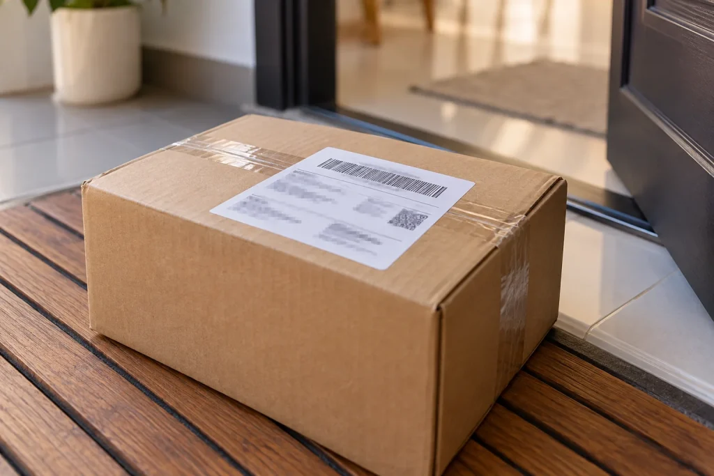 Plain unmarked ManjaToy parcel with a standard shipping label, showing discreet packaging for sex toy orders in Malaysia
