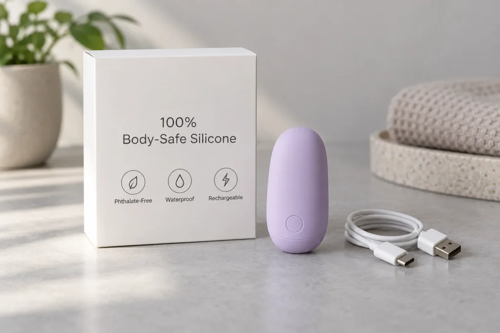 Sex toy packaging showing body-safe silicone material label, what to check before buying online in Malaysia

