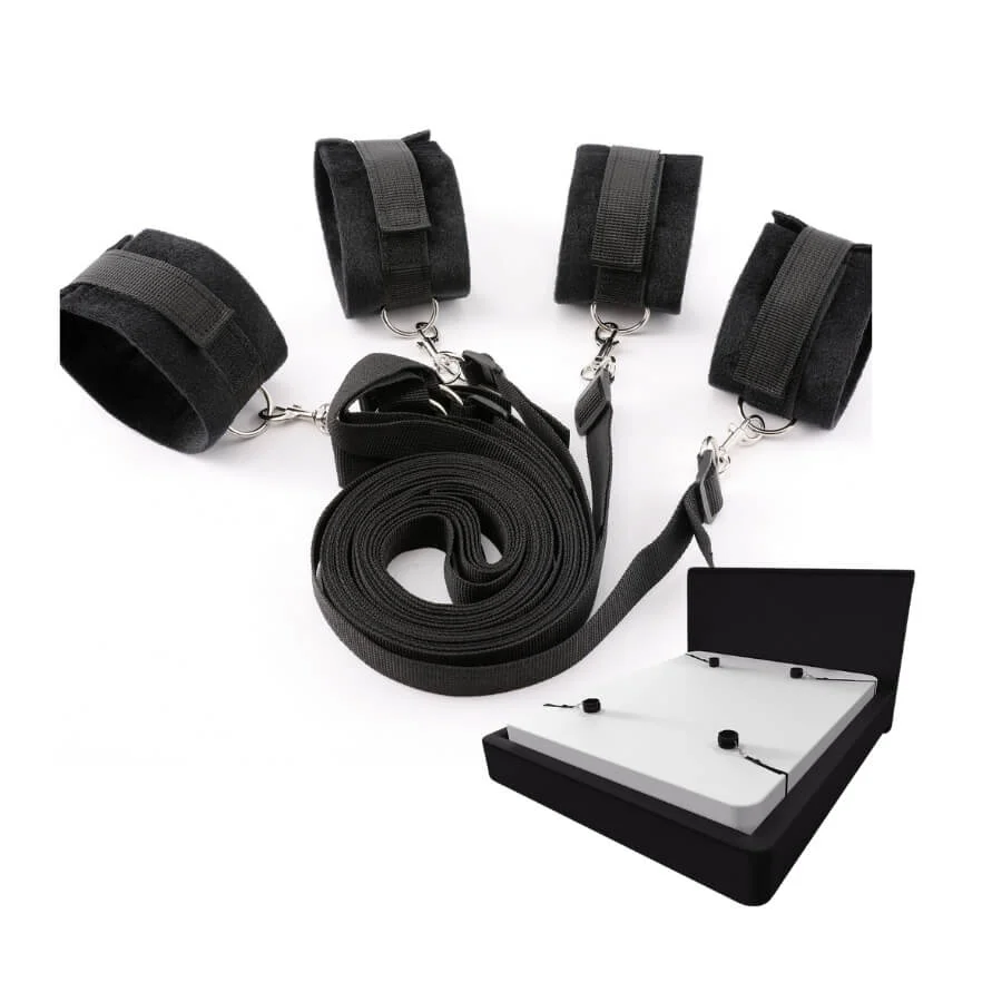 Under-bed restraint system with soft nylon wrist and ankle cuffs, a starting item for a submissive test result