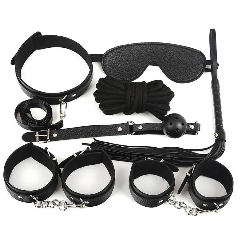 Seven piece BDSM couples set with cuffs, rope, collar and blindfold, suited to a switch test result
