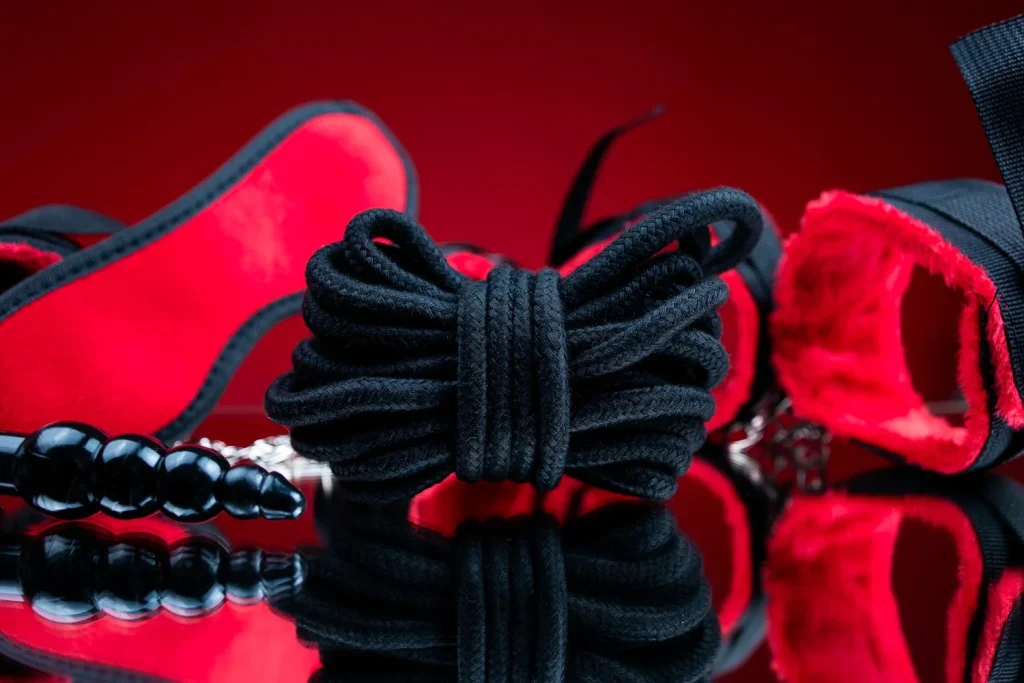 Black bondage rope, a blindfold and fur-lined cuffs, beginner BDSM items to match a test result
